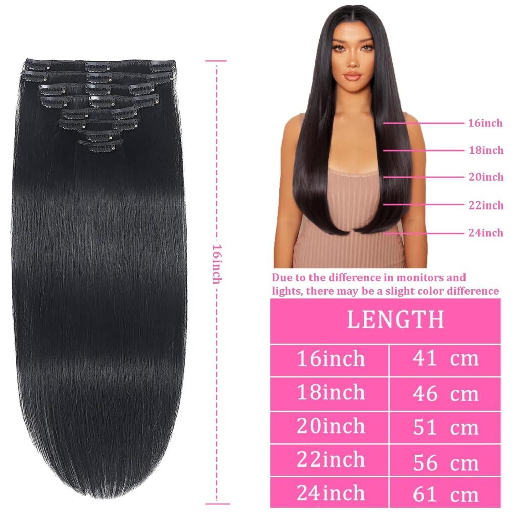 Clip in Hair Extensions Real Human Hair Clip ins Remy Human Hair Clip in Extensions Black Women Invisible Natural Straight Seamless Clip on Hair Extensions 8pcs Double Weft #1B 16 Inch 2.8oz/80g