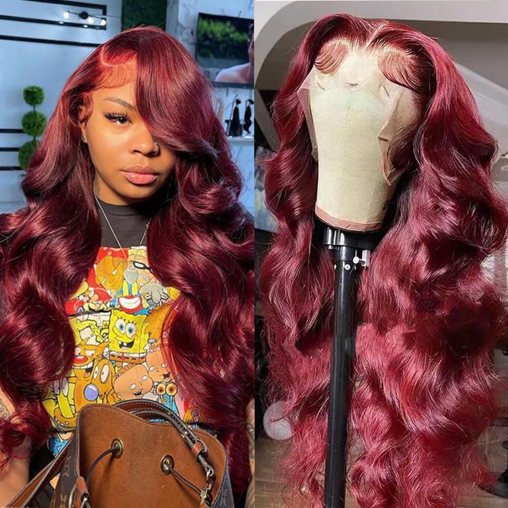 99j Burgundy Lace Front Wigs Human Hair 24 Inch 13x4 Body Wave Human Hair Lace Front Wigs for Black Women 180 Density HD Transparent Glueless Wigs Human Hair Pre Plucked with Baby Hair
