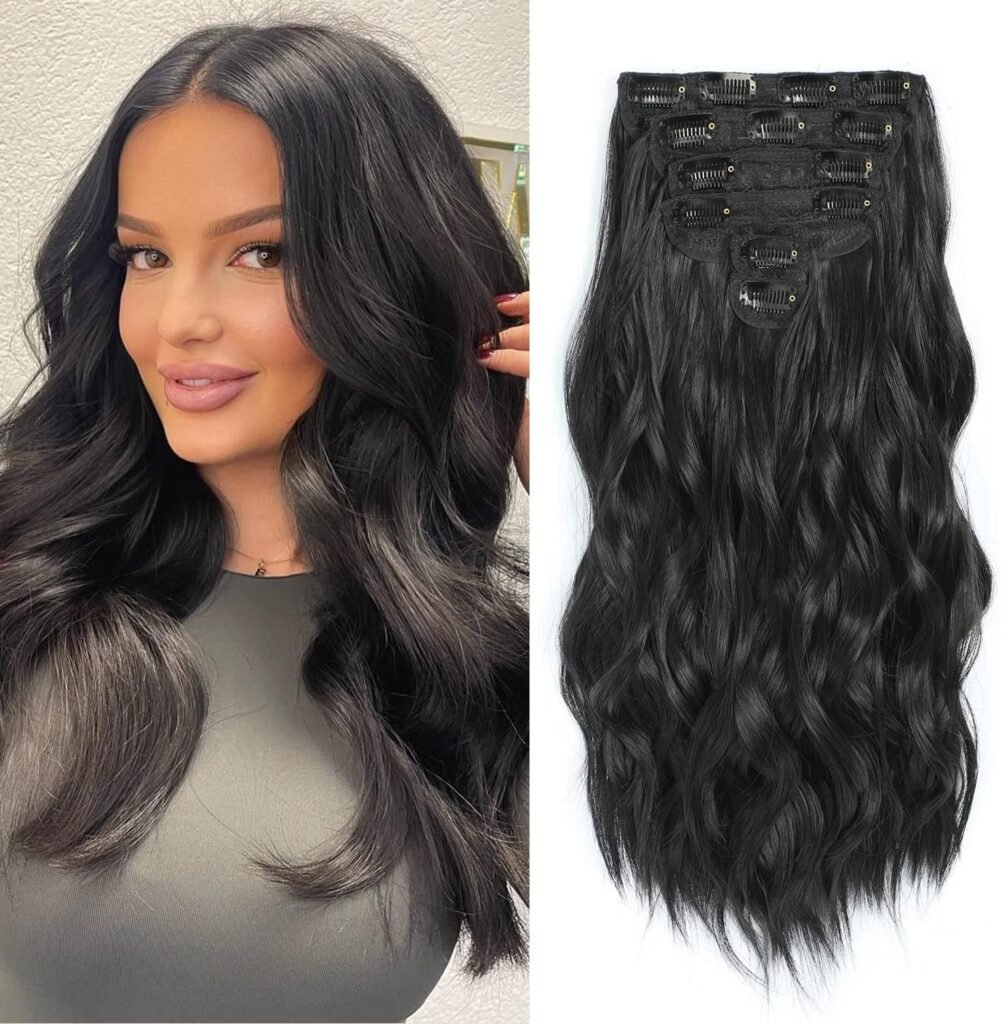 Clip in Black Hair Extensions for Women, Thick Double Weft Wavy Soft Hair  Blends Well Long Hairpieces(20inch, 6pcs, Natural Black)
