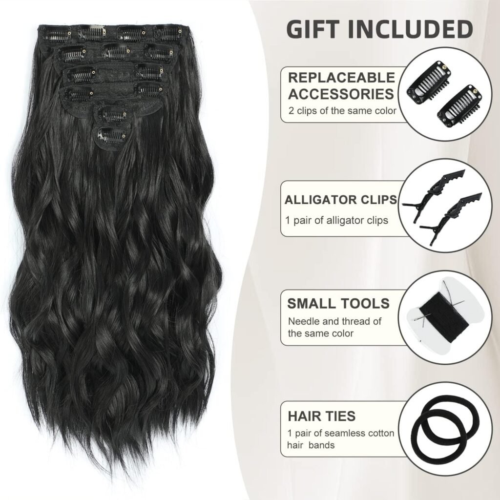 Clip in Black Hair Extensions for Women, Thick Double Weft Wavy Soft Hair  Blends Well Long Hairpieces(20inch, 6pcs, Natural Black)