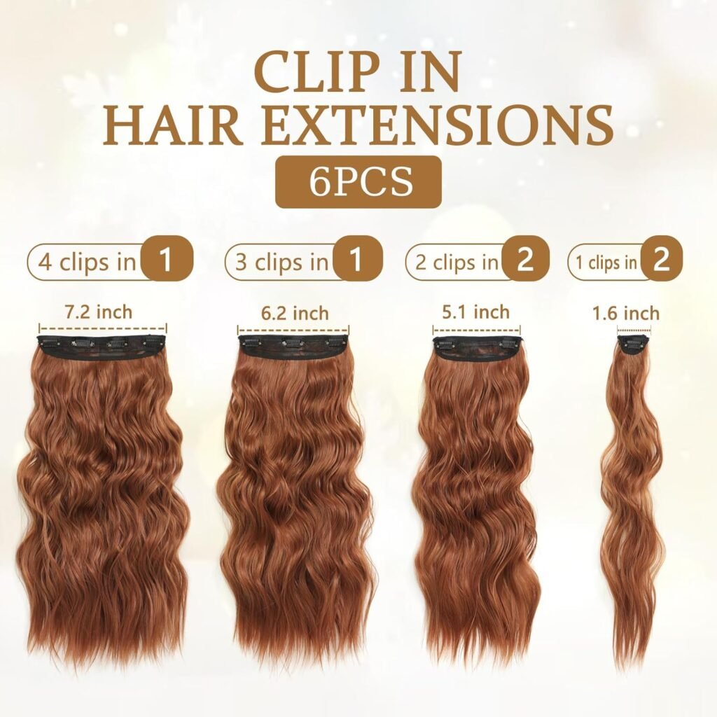 Clip in Hair Extensions for Women, 6PCS Long Wavy Curly Clip on Hair Extensions 20 Inch Honey Blonde Mixed Light Brown Synthetic Thick Hairpieces
