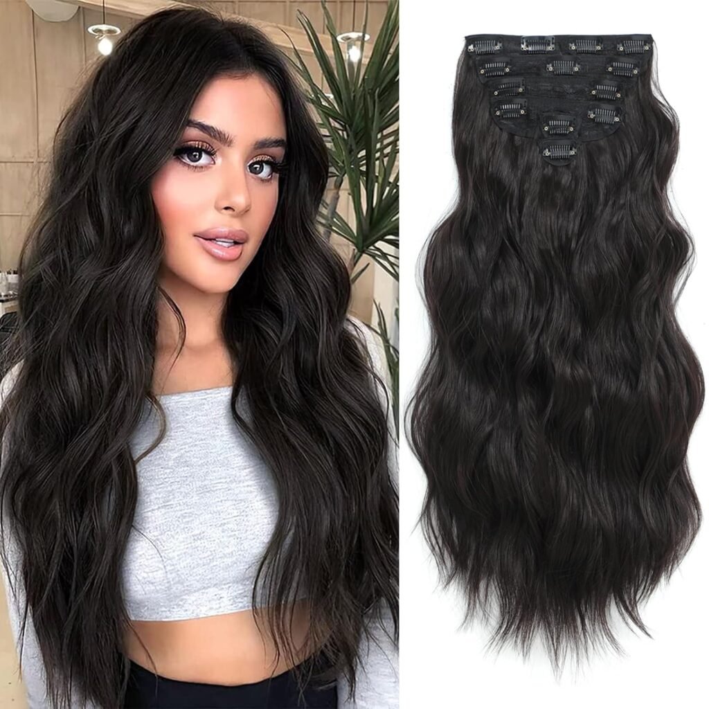 Clip in Hair Extensions for Women, 6PCS Long Wavy Curly Clip on Hair Extensions 20 Inch Honey Blonde Mixed Light Brown Synthetic Thick Hairpieces