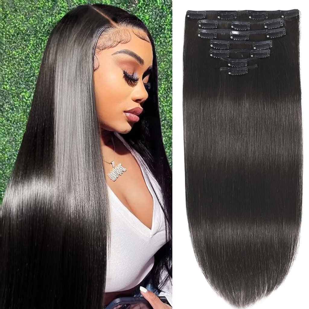 Clip in Hair Extensions Real Human Hair 100% Brazilian Remy Human Hair Clip in Hair Extensions for Black Women Seamless Straight Clip ins Soft  Natural (#1B Natural Black 16inch 80g)