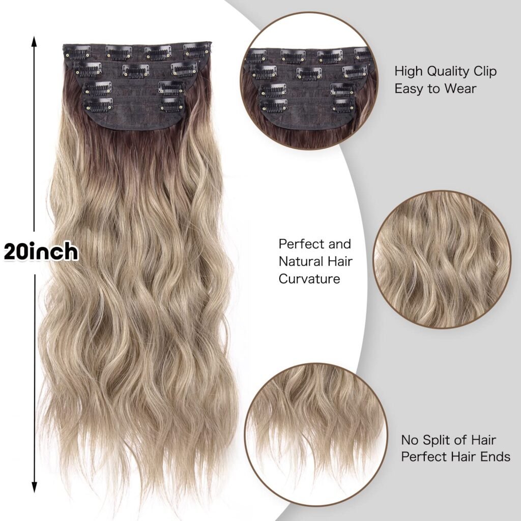 Clip in Natural Hair Extensions Long Wavy 4PCS Thick Hairpieces Dark Ash Blonde Mixed Bleach Blonde Double Weft Synthetic 20 Inch for Women (4pcs, 20Inch, 16H613#)