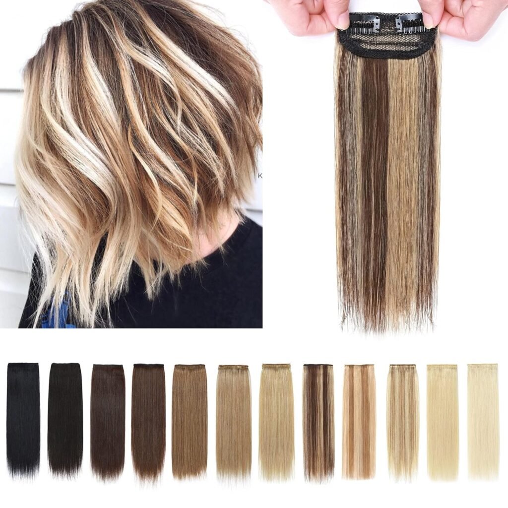SEGO 2 Pcs Short Hair Extensions Clip in Human Hair 6 Inch 20g Hairpiece Human Hair Toppers for Women With Thinning Hair Adding Hair Volume -Medium BrownDark Blonde
