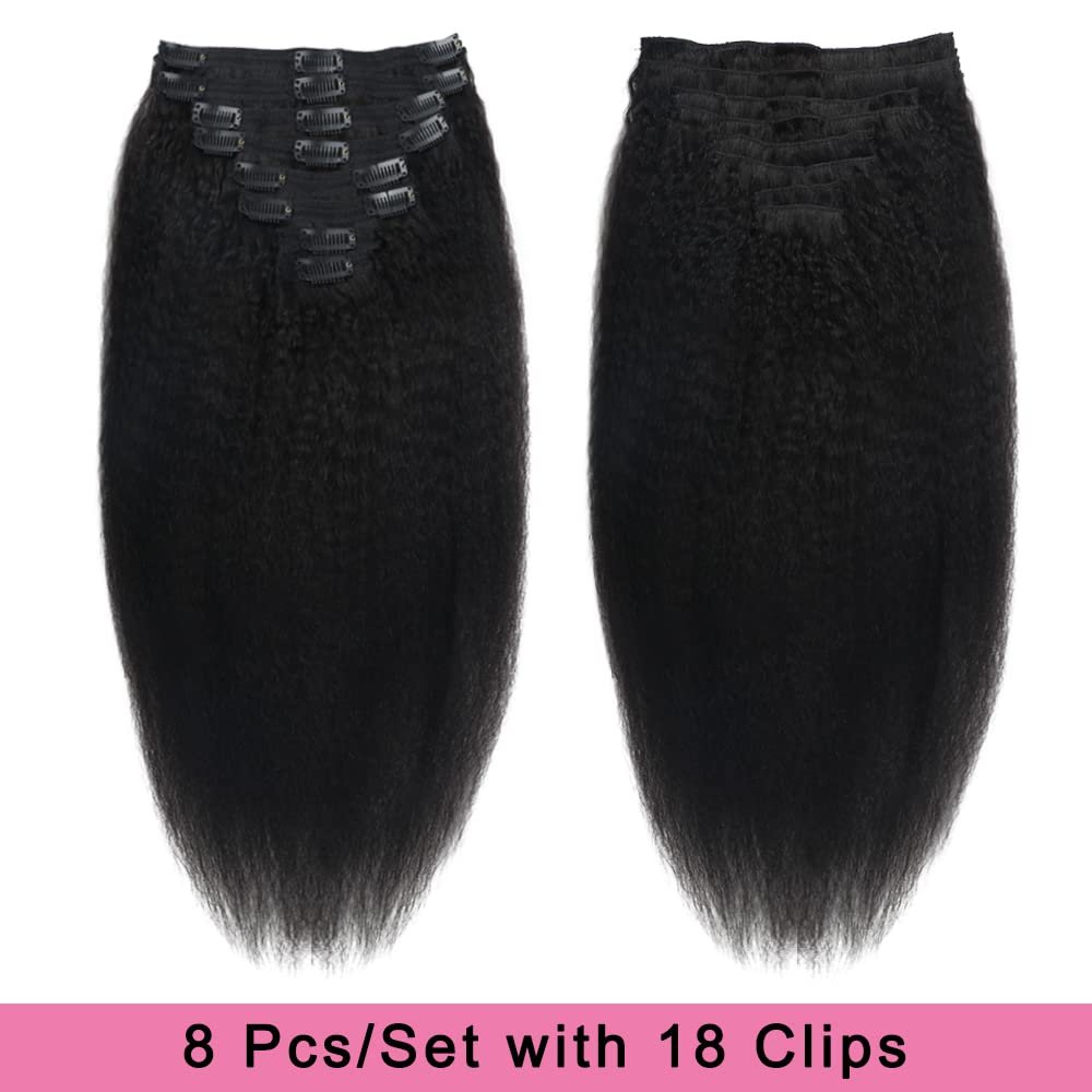 Kinky Straight Human Hair Clip in Extensions 120g Full Head Clip ins for Women 100% Unprocessed Brazilian Virgin Human Hair Yaki Straight Clip ins Remy Hair Natural Black 8Pcs 18Clips 16inch