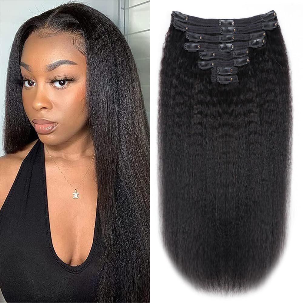 Kinky Straight Human Hair Clip in Extensions 120g Full Head Clip ins for Women 100% Unprocessed Brazilian Virgin Human Hair Yaki Straight Clip ins Remy Hair Natural Black 8Pcs 18Clips 16inch