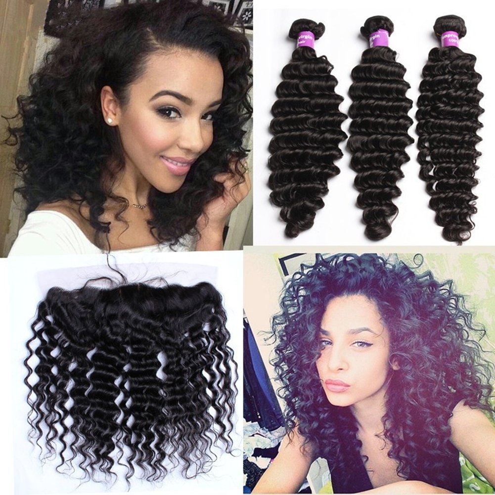 Ruma Hair Brazilian 13x4 Ear to Ear Silk Base Lace Frontal Closure With Bundles Unprocessed Deep Wave Curly Virgin Human Hair Weave With 4x4 Silk Top Full Lace Frontals 4Pcs Lot (16+18 20 22)