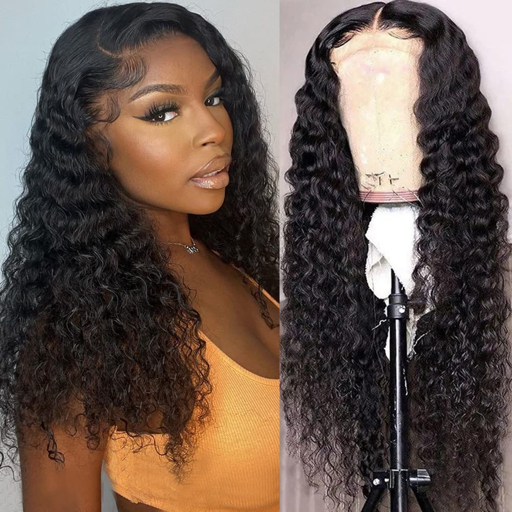 FIRIEYA Deep Wave Lace Front Wigs Human Hair Wigs for Black Women 180% Density 4X4 HD Transparent Lace Closure Human Hair Wigs for Black Women Glueless with Baby Hair Natural Color(18 Inch)