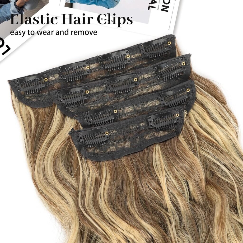 KooKaStyle Clip in Long Wavy Synthetic Hair Extension 20 Inch 4PCS Balayage Dark Brown to Chestnut Hairpieces Fiber Thick Double Weft Hair Extension for Women