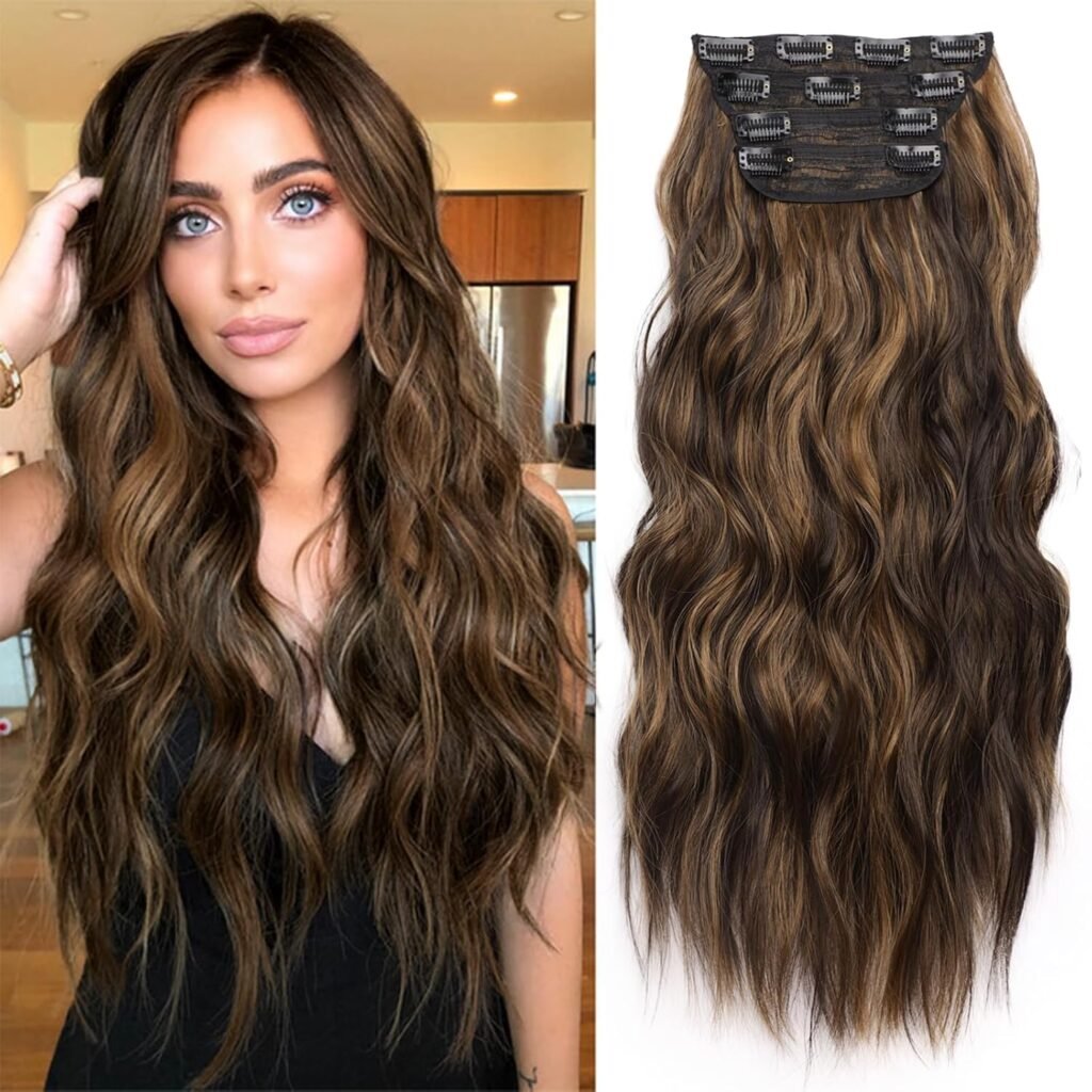 KooKaStyle Clip in Long Wavy Synthetic Hair Extension 20 Inch 4PCS Balayage Dark Brown to Chestnut Hairpieces Fiber Thick Double Weft Hair Extension for Women