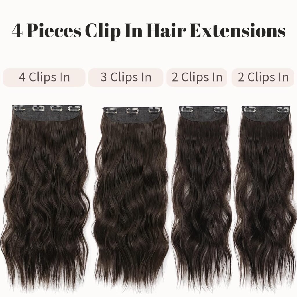 KooKaStyle Clip in Long Wavy Synthetic Hair Extension 20 Inch 4PCS Balayage Dark Brown to Chestnut Hairpieces Fiber Thick Double Weft Hair Extension for Women