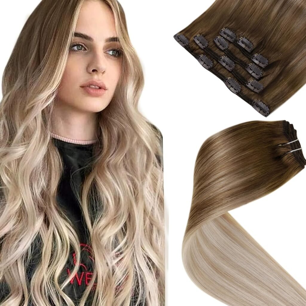 LaaVoo Clip in Hair Extensions Real Human Hair Ombre Light Brown to Ash Blonde Balayage Platinum Blonde Human Hair Clip in Extensions Ombre Clip in Hair Extensions For Women 16 Inch 5Pcs/80g