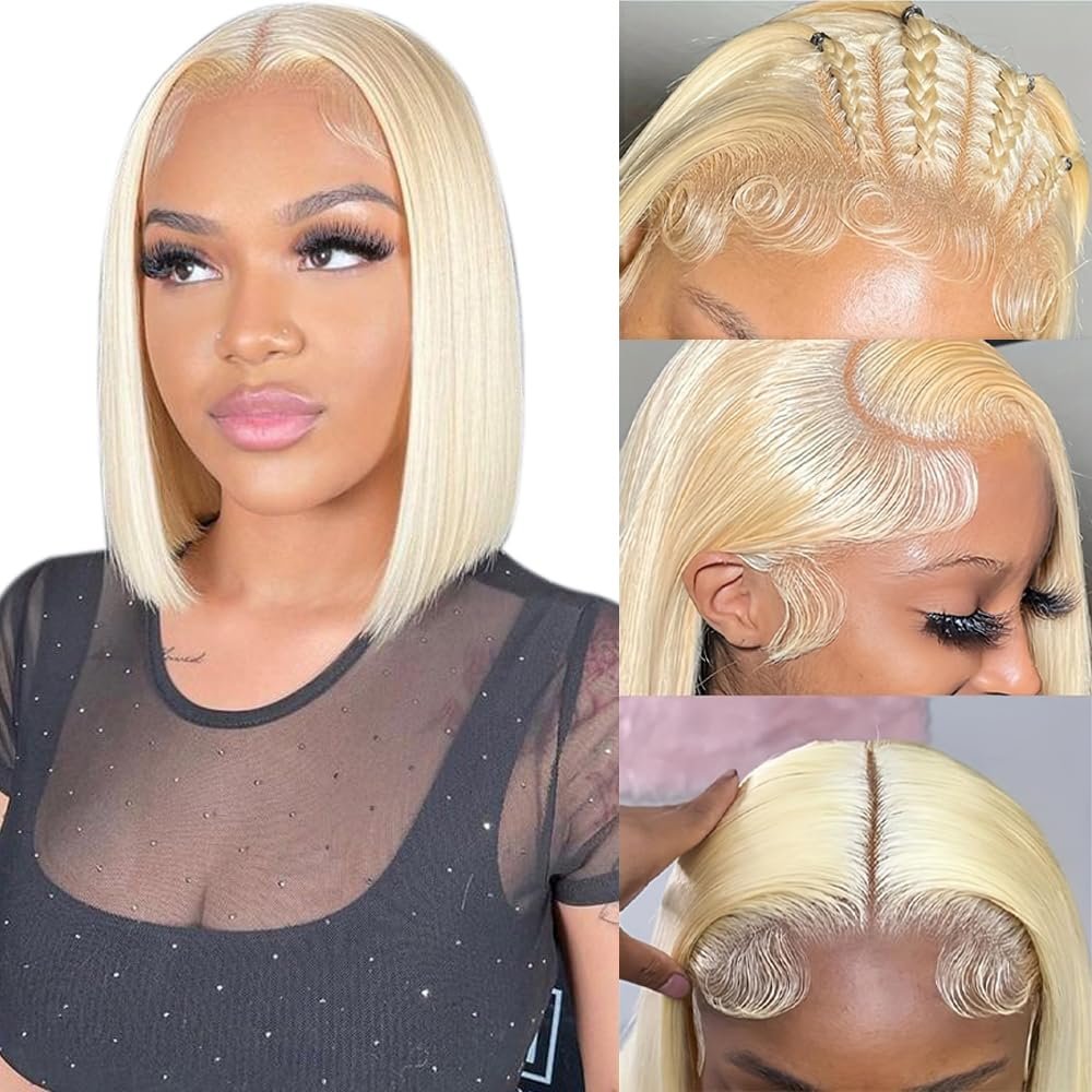 mogge Blonde Bob Wigs Human Hair 613 Blonde Bob Wig 13x4 HD Transparent Lace Front Bob Wigs For Women Pre Plucked With Baby Hair Glueless Short Straight Cut Bob Wig 10 Inch