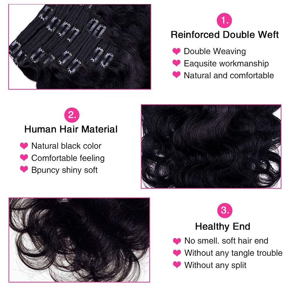 Straight Human Hair Clip in Hair Extensions for Black Women 100% Unprocessed Full Head Brazilian Virgin Hair Natural Black Color,8/Pcs with 18Clips,120 Gram (16inch, Straight hair)