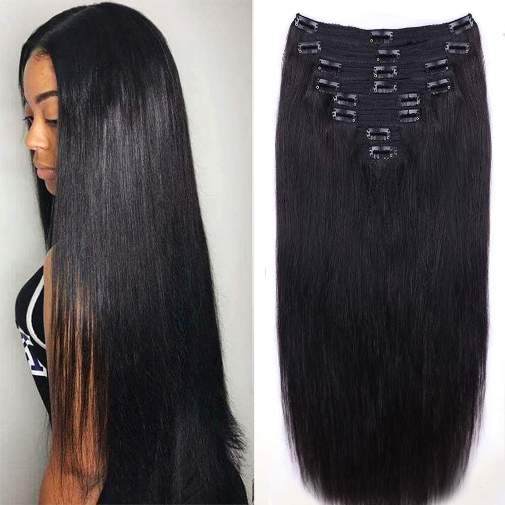 Straight Human Hair Clip in Hair Extensions for Black Women 100% Unprocessed Full Head Brazilian Virgin Hair Natural Black Color,8/Pcs with 18Clips,120 Gram (16inch, Straight hair)