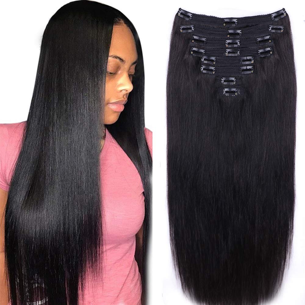 Straight Human Hair Clip in Hair Extensions for Black Women 100% Unprocessed Full Head Brazilian Virgin Hair Natural Black Color,8/Pcs with 18Clips,120 Gram (16inch, Straight hair)