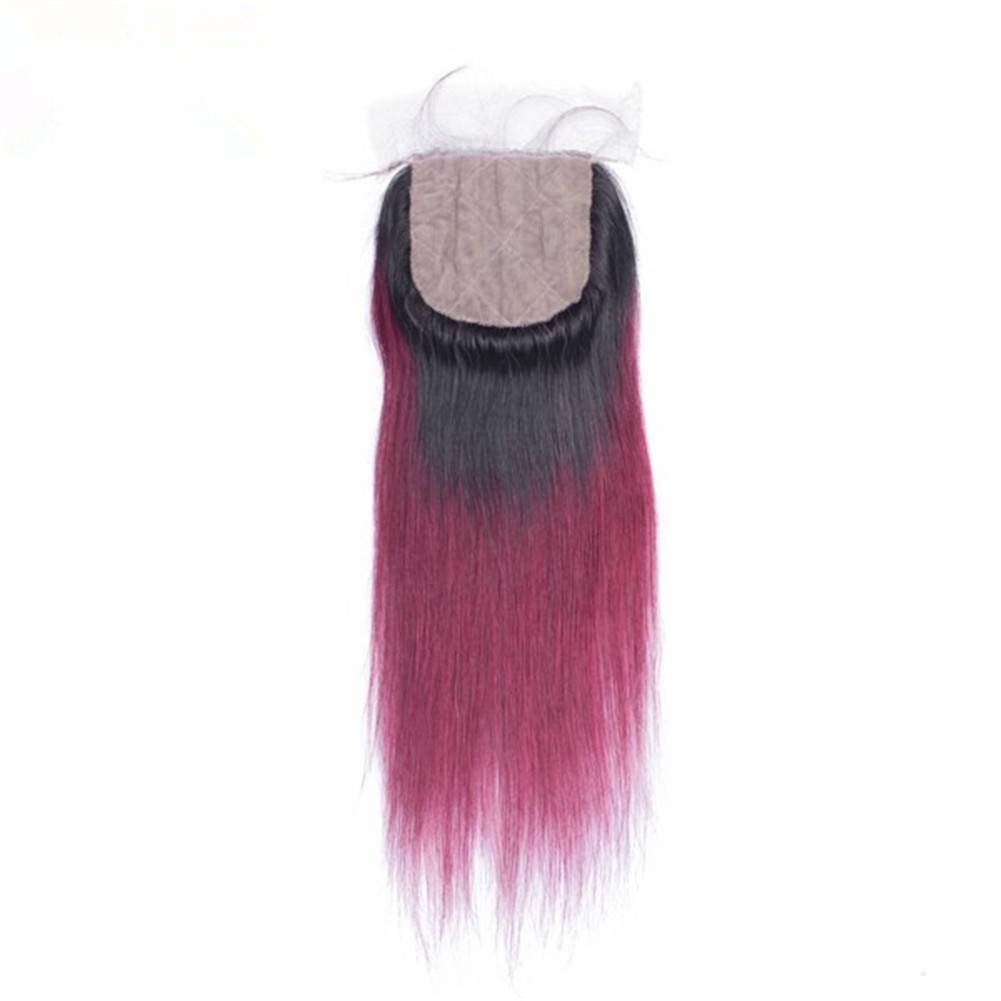 Wine Red Ombre Peruvian Virgin Human Hair Wefts with Silk Top Closure Straight 3Bundles #1B/99J Burgundy Red Ombre Weaves with 4x4 Silk Base Closure 4Pcs Lot (20 22 24+20)