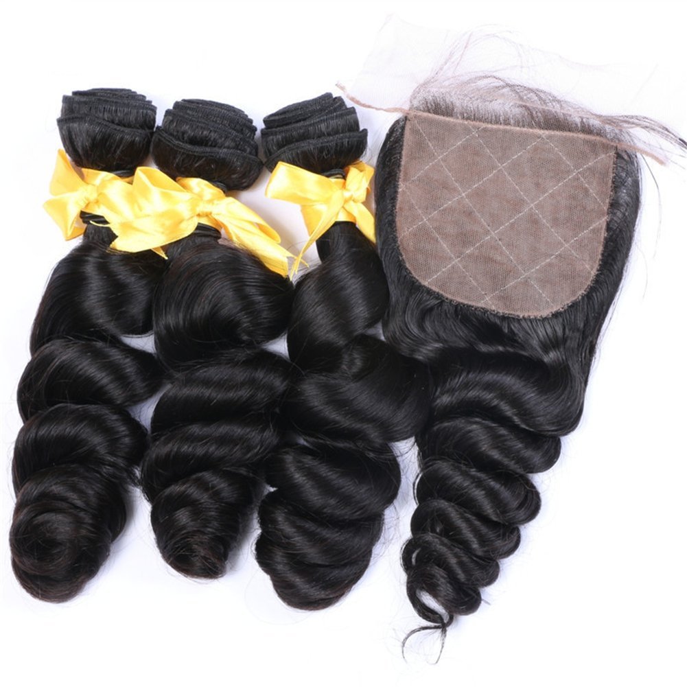 Brazilian Loose Wave Silk Base Closure With 3 Bundles 4Pcs Lot Unprocessed Loose Curly Virgin Human Hair Weave With 4x4 Silk Top Lace Closures Piece (16 with 16 18 20)