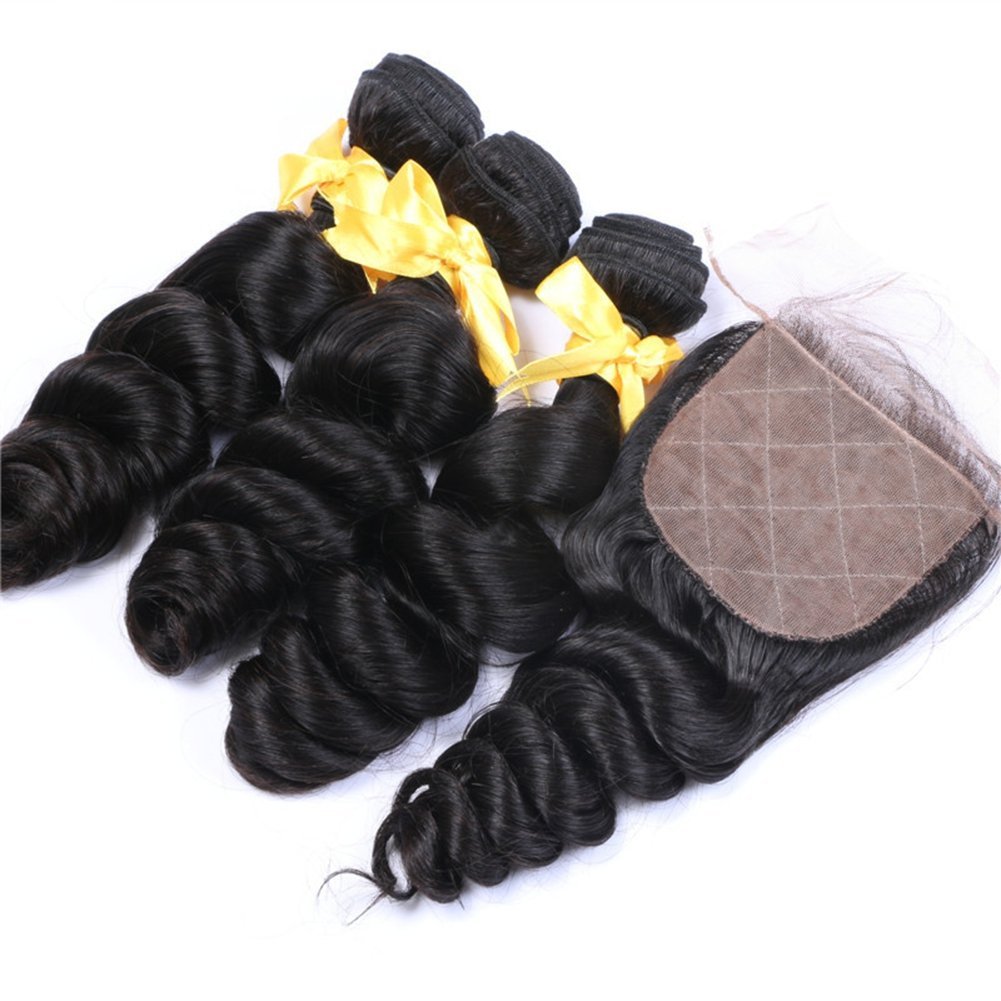 Brazilian Loose Wave Silk Base Closure With 3 Bundles 4Pcs Lot Unprocessed Loose Curly Virgin Human Hair Weave With 4x4 Silk Top Lace Closures Piece (16 with 16 18 20)