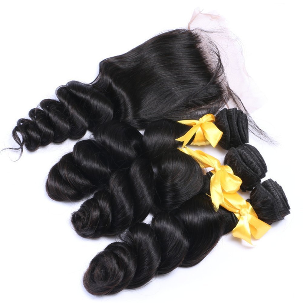 Brazilian Loose Wave Silk Base Closure With 3 Bundles 4Pcs Lot Unprocessed Loose Curly Virgin Human Hair Weave With 4x4 Silk Top Lace Closures Piece (16 with 16 18 20)