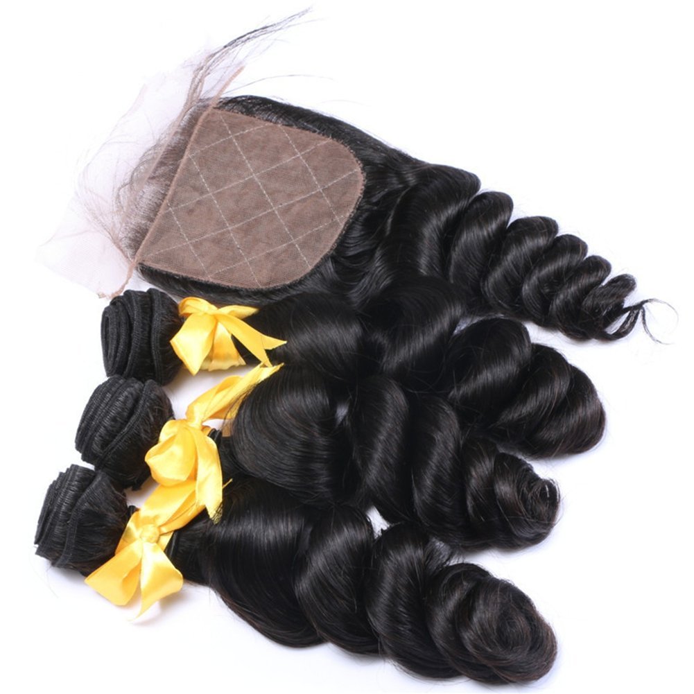 Brazilian Loose Wave Silk Base Closure With 3 Bundles 4Pcs Lot Unprocessed Loose Curly Virgin Human Hair Weave With 4x4 Silk Top Lace Closures Piece (16 with 16 18 20)