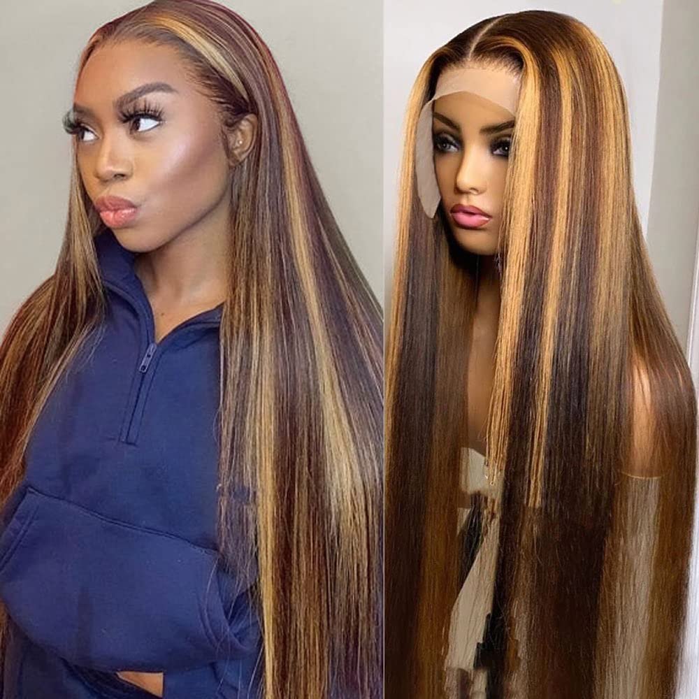 Highlight Ombre Lace Front Wig Human Hair 13x4 HD Transparent 4/27 Honey Blonde Lace Frontal Wigs Pre Plucked with Baby Hair 180% Density Straight Lace Front wigs Human Hair Colored 22 Inch