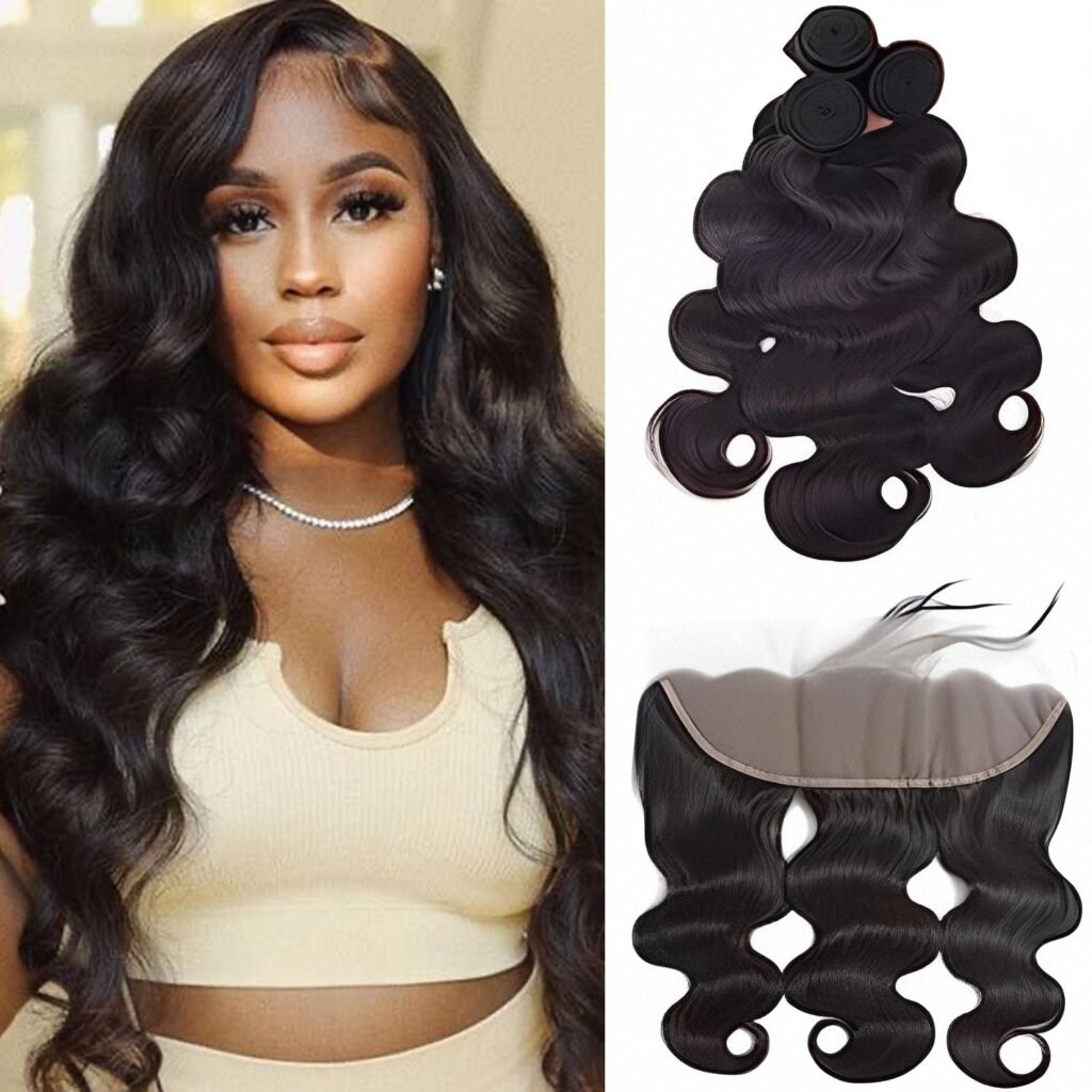 Brazilian Body Wave Bundles Human Hair With Frontal(22 24 26 + 20,Free Part) 100% Natural Human Hair Extensions 13x4 HD Transparent Free Part Lace Frontal With Black Body Wave Weave 3 Bundles